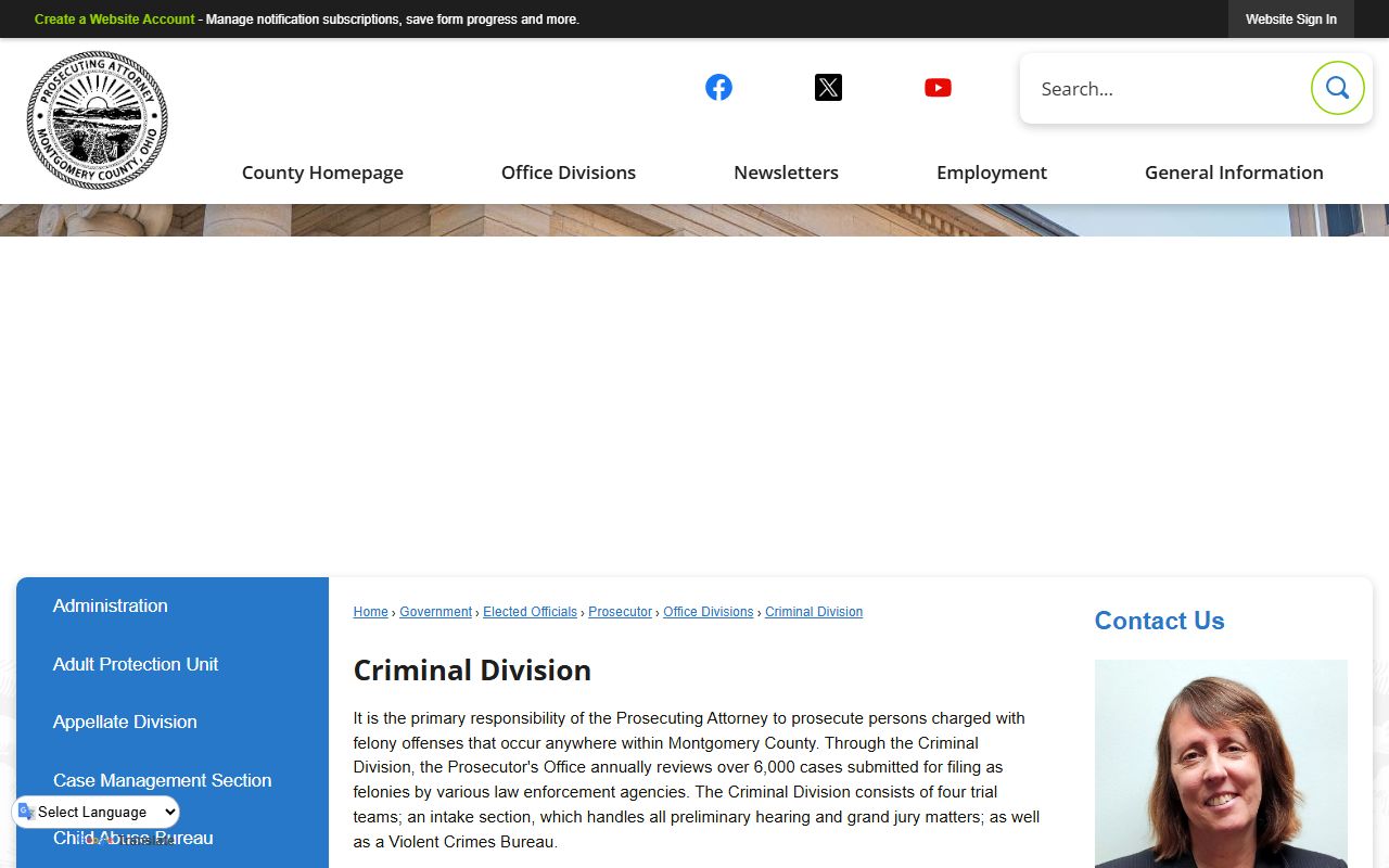 Montgomery County Prosecutor Criminal Division page with felony intake and grand jury information