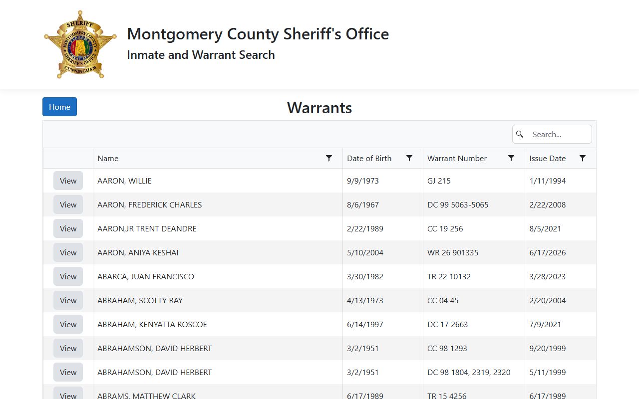 Montgomery County Sheriff's Office warrant search portal