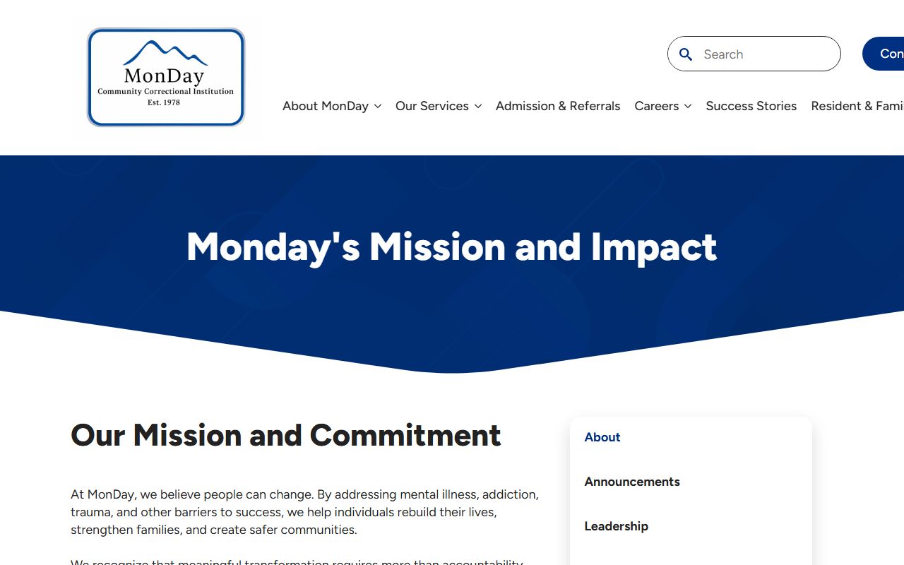 MonDay Community Correctional Institution about page with accreditation and resident program information